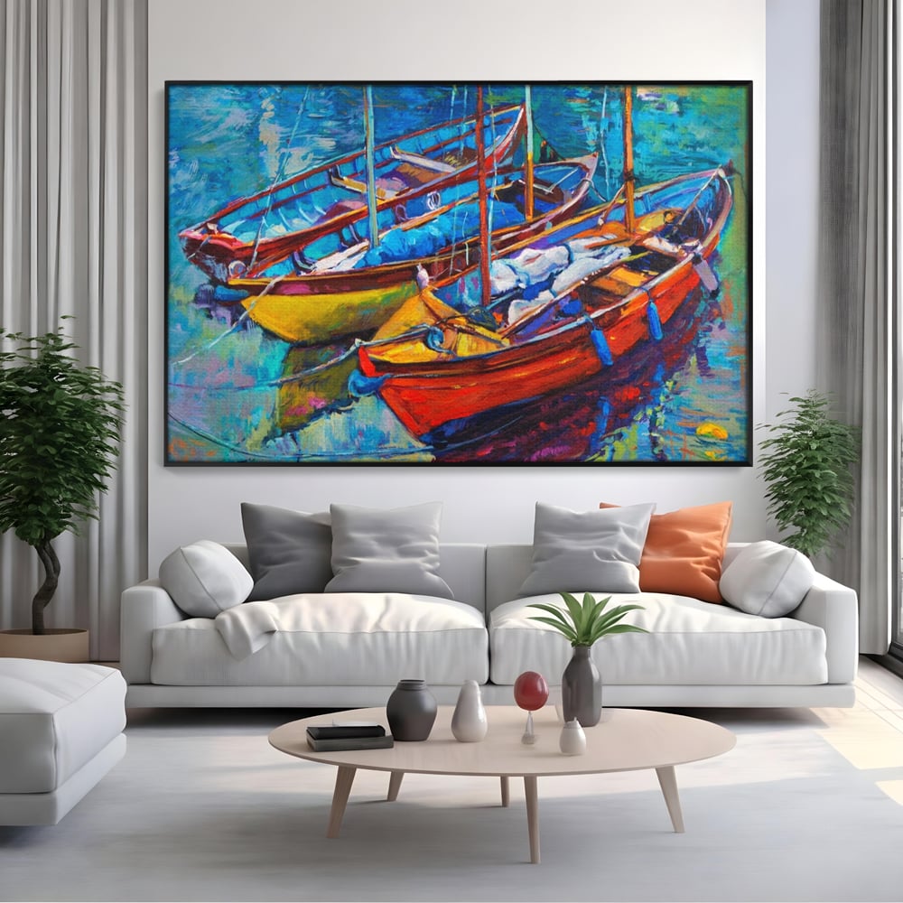 Tablou canvas cu tablou canvas cu barci in port, in rama de aluminiu negru, pe perete intr-un living